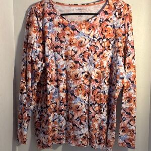 Croft & Barrow Graphic Long Sleeve Blouse Orange and Brown